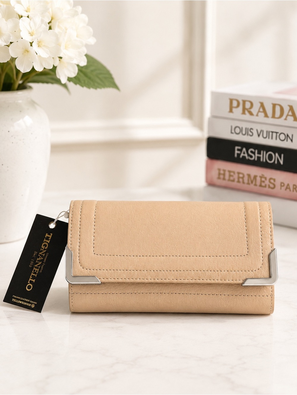 Tignanello Beige Leather Large Flap Continental Wallet Silver Hardware NWT